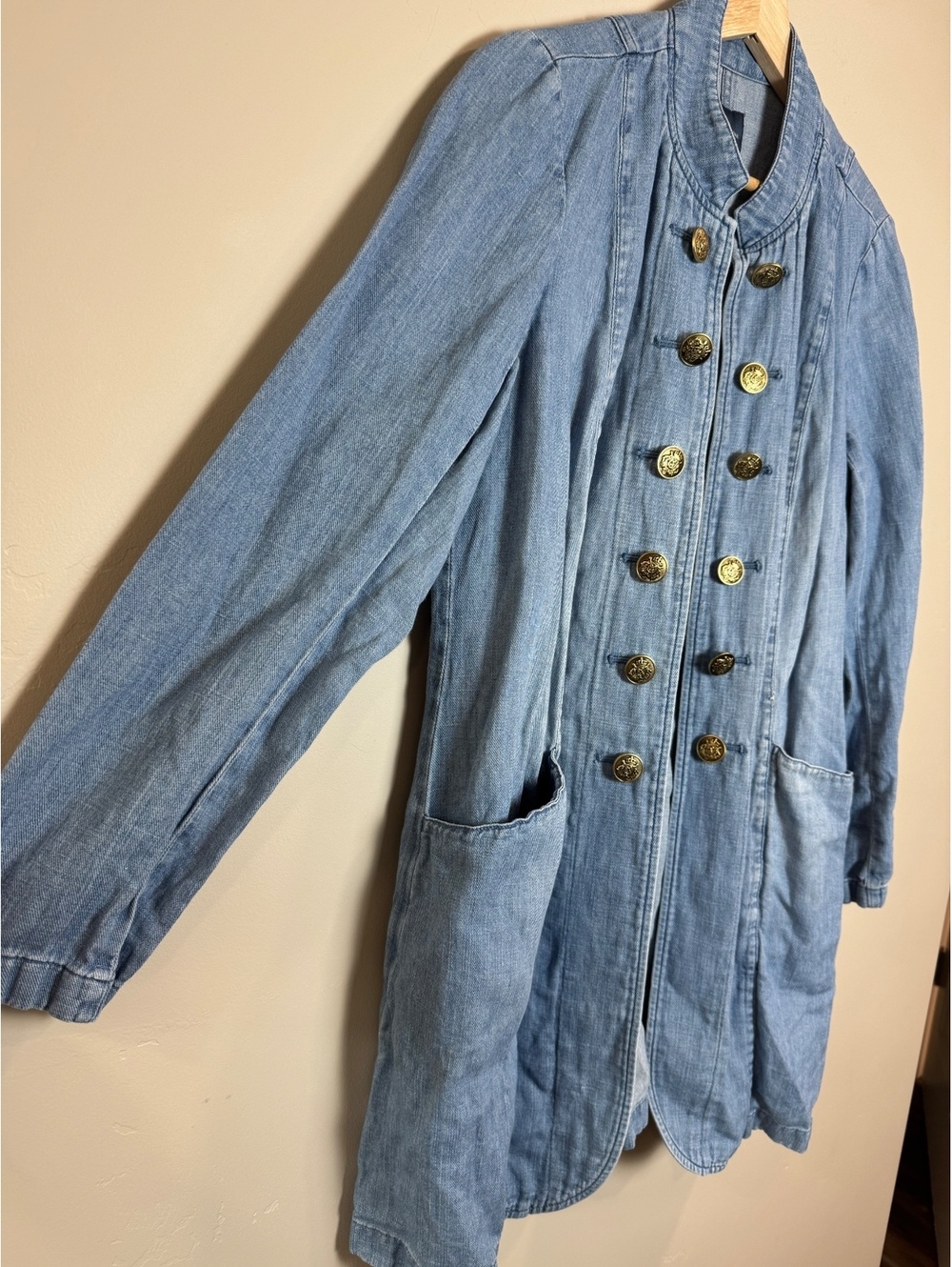 J JILL Cotton Linen Blend Denim Military Style Duster Jacket MED - Picture 6 of 7